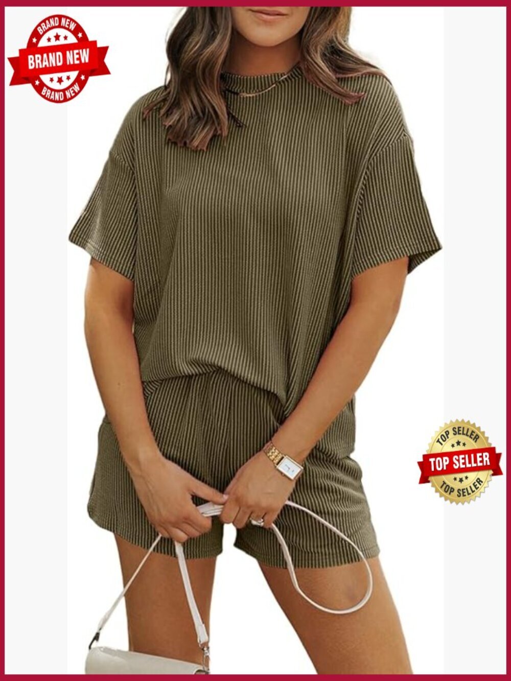 2 Piece Shorts Set Summer Lounge Outfit Ribbed Knit Travel